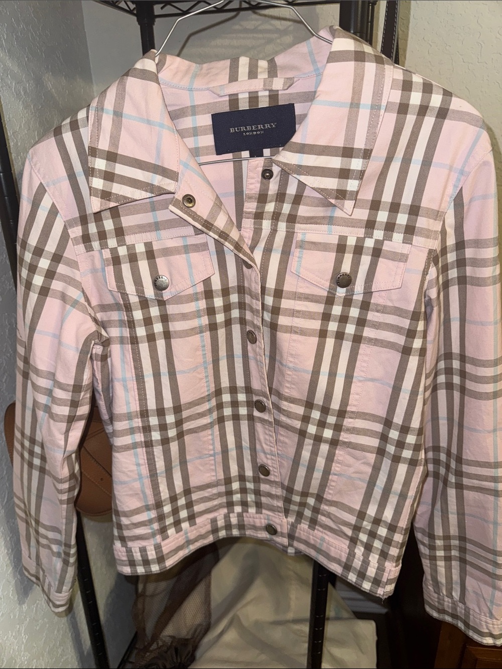Burberry Pink Plaid Cotton Jean Jacket with Brown and Light Blue Accents